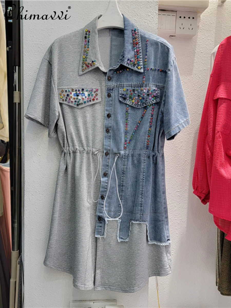 

Colorful Crystals Denim Stitching T-shirt Women's 2023 Summer New Fashion Loose Mid-Length Tees Tops Streetwear Women's Tshirts