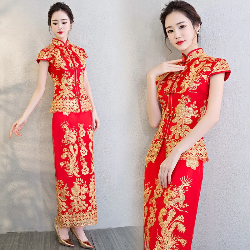 

2022 traditional chinese bride wedding party toast qipao dresses bling embroidery dragon phoenix cheongsam marry dress