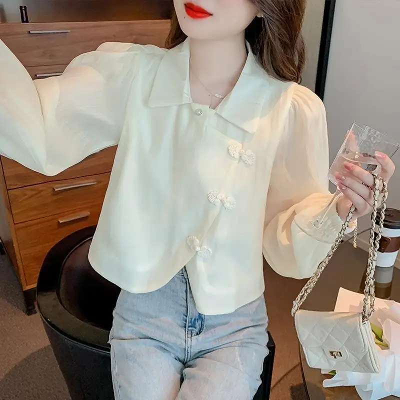 2024Осенняя новая шифоновая рубашка с воротником поло и длинными рукавами в