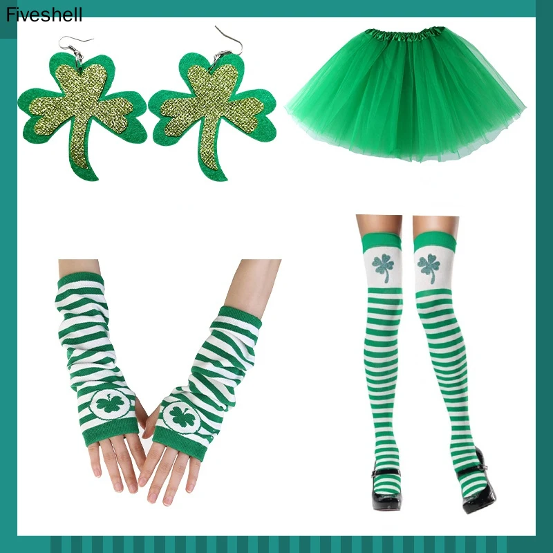 

Halloween Cos Adult St.Patrick Day Green Clover Element Accessories Women Tutu Skirt Stripe Glove Socks Suit Irish Day Costumes