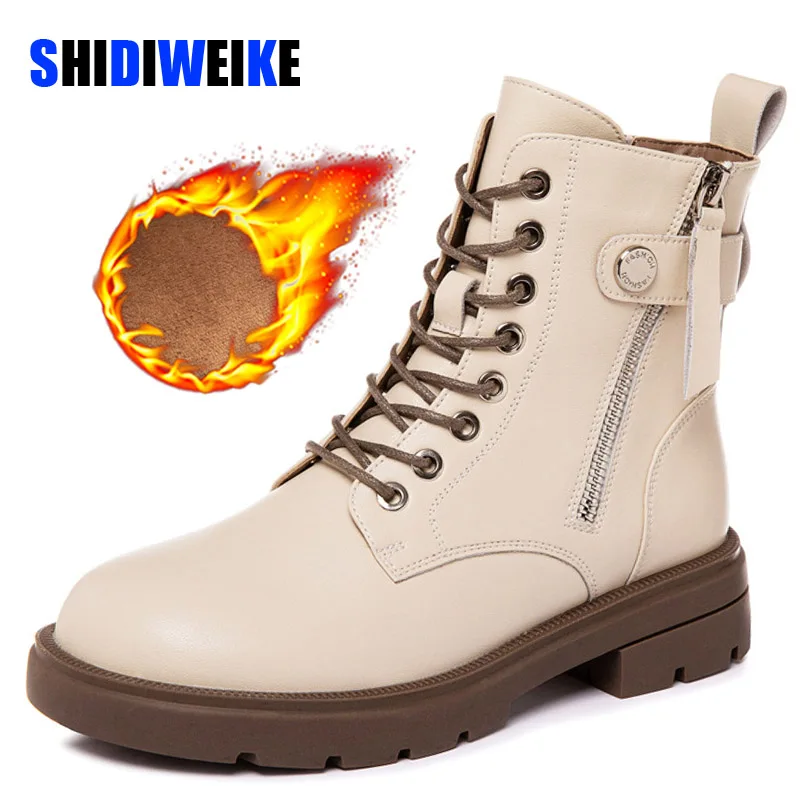 

Зимние ботинки; Новые женские зимние ботинки из натуральной кожи; Теплые женские ботильоны на меху; Цвет черный, бежевый; Нескользящие; AD2866