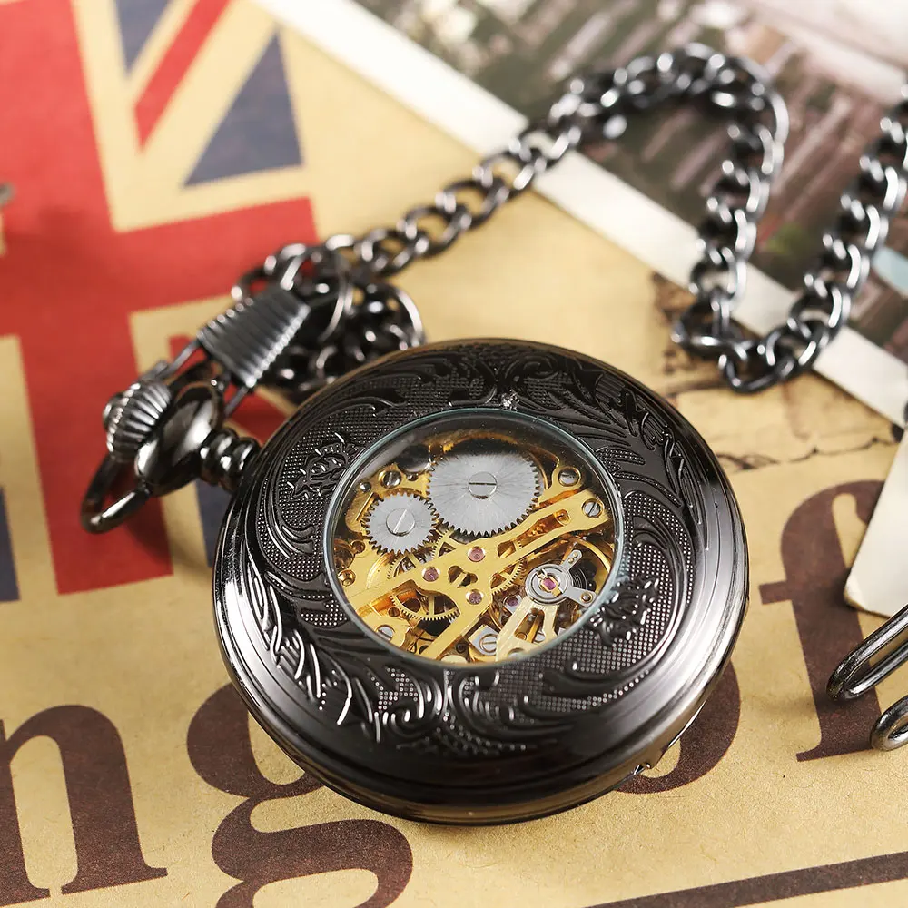 Black Hollow Case Mechanical Hand-winding Pocket Watch Men Flip Fob Chain Necklace Clock Mens Watch reloj de bolsillo