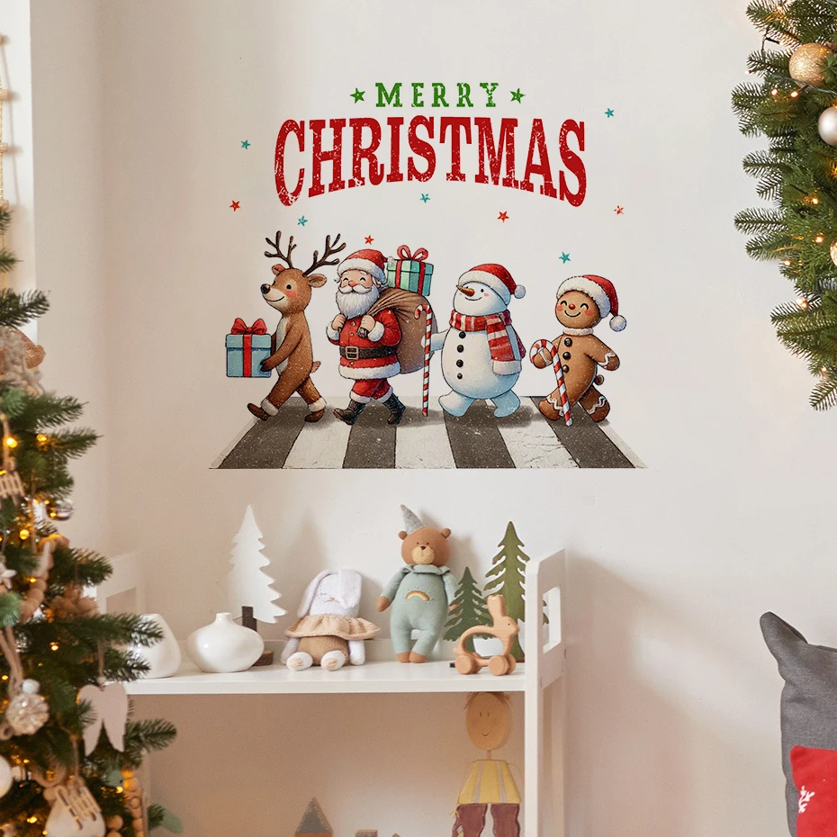 Наклейка на дверь с рисунком Санта-Клауса лося снеговика наклейка окно стену