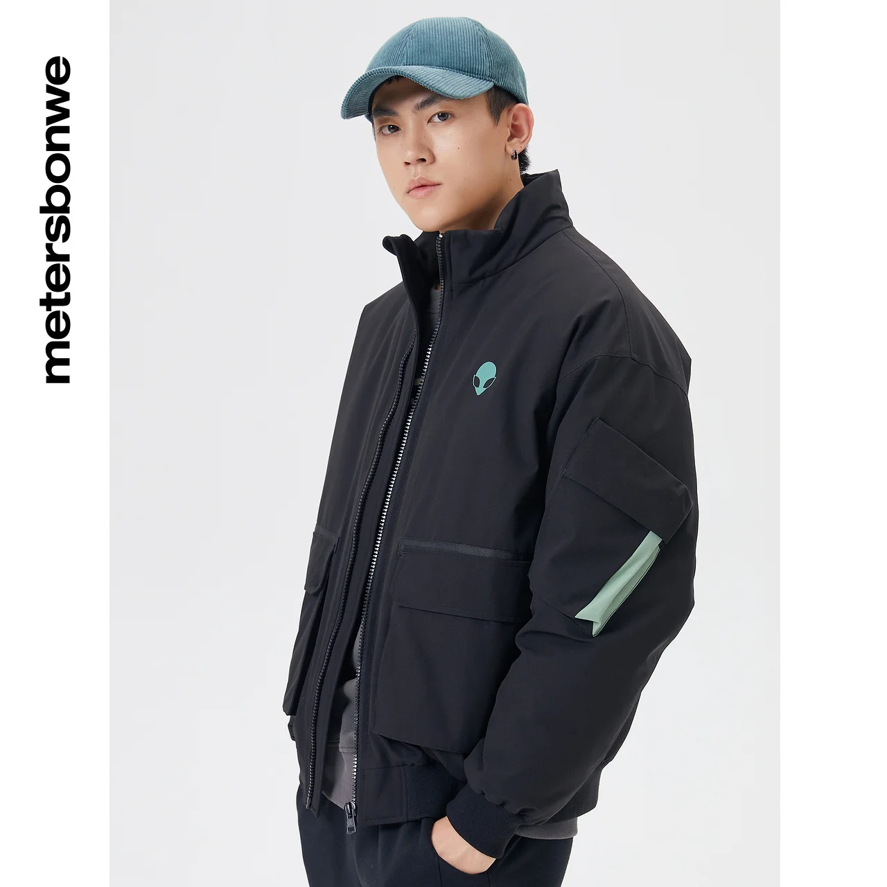 Metersbonwe Stylish Stand Collar Cropped Down Jackets Men 80%Duck Down Solid Color Loose Big Pockets Winter Cargo Warm Wear