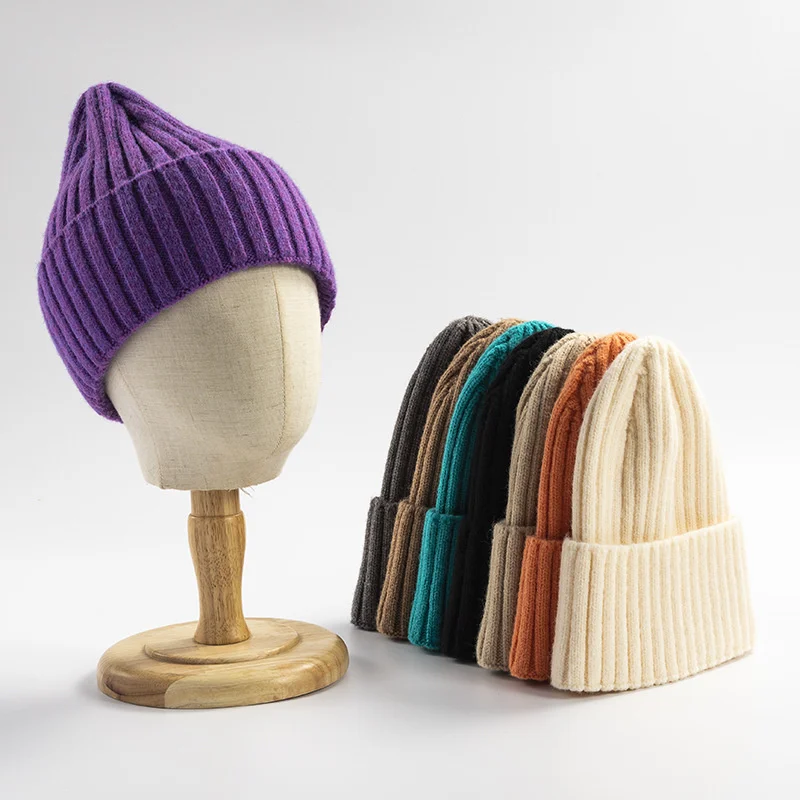 

Autumn Winter Knitted Cap Female Male Fashion Cotton Cashmere Korean Warm Wool Cap Solid Colour Flip Side Men Head Cap