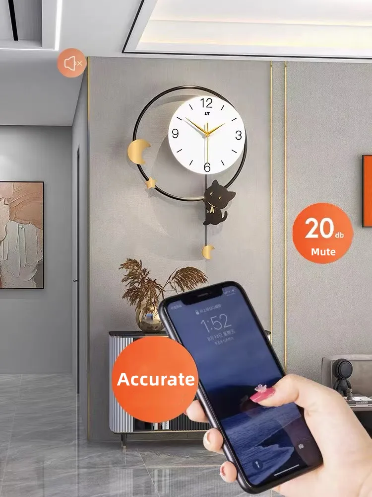 Современные модные настенные часы с маятником в форме кошки декоративные для