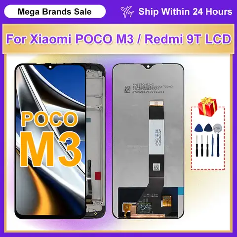 6,53 "100% Оригинальный ЖК-дисплей Xiaomi Poco M3, дигитайзер сенсорного экрана в сборе для Redmi 9T, дисплей, сенсорный экран с рамкой, ЖК-дисплей
