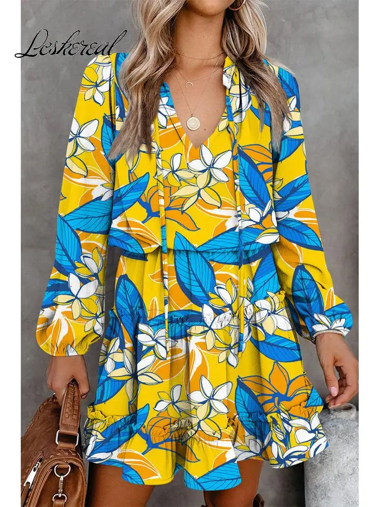 

Fashion V-neck Long Sleeve Print Mini Dress Women 2022 Fall Clothes Loose Casual Ruffles Office Ladies Dresses For Women Robe