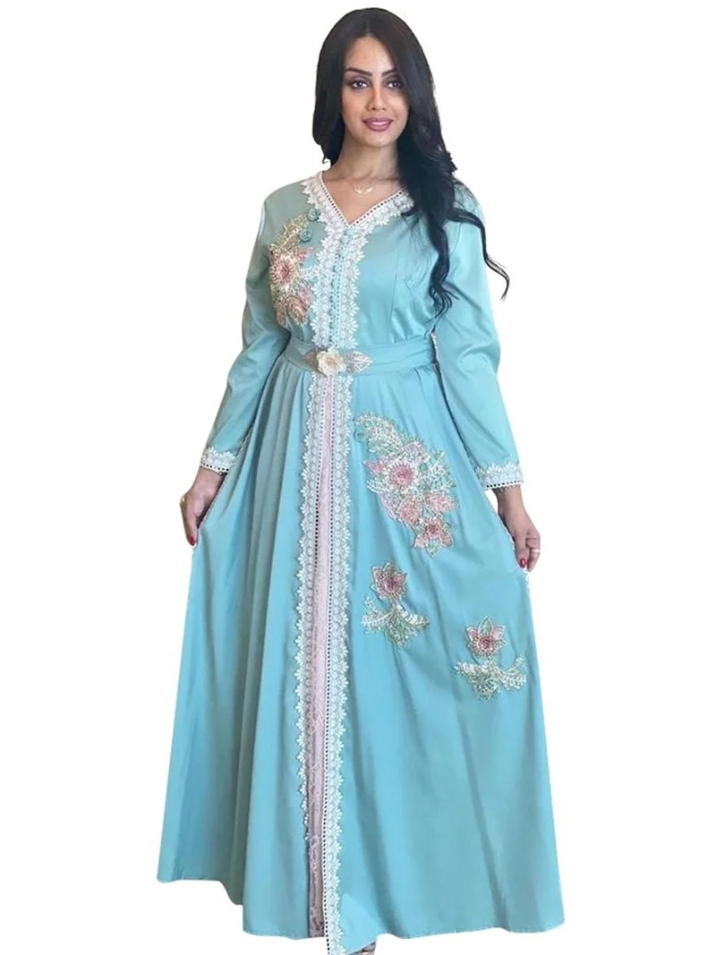 

Мусульманские Вечерние платья Eid-al-Adha, атласные кружевные ленты с V-образным вырезом и длинным рукавом, вышивка, Дубай, Средний Восток, Abaya Eid