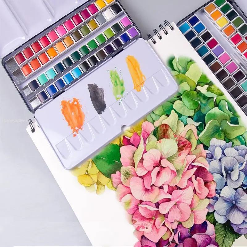 

48 Colors Solid Watercolor Paint Set Art Student Tap Pen Watercolor Paper Portable Iron Box Color Mixing Concentrated Pigment