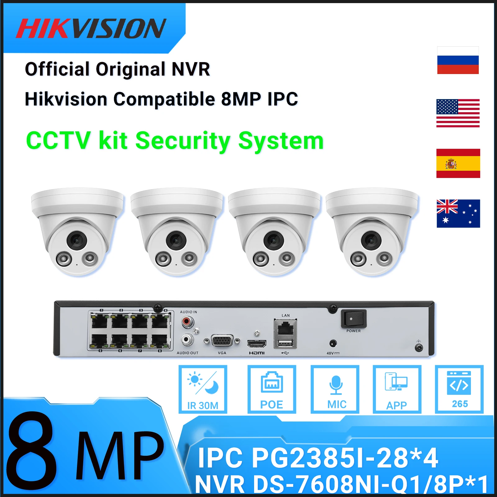 

Hikvision Compatible Kits 4PCS 8MP IP Camera With DS-7608NI-Q1/8P 8POE NVR 4K Home Camera POE IR 30M Built-in MIC CCTV System