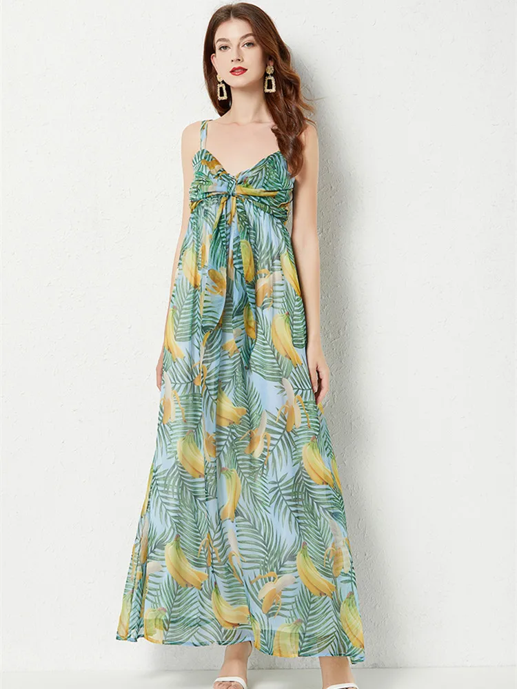 Женское пляжное шифоновое платье макси на бретелях-спагетти с V-образным вырезом