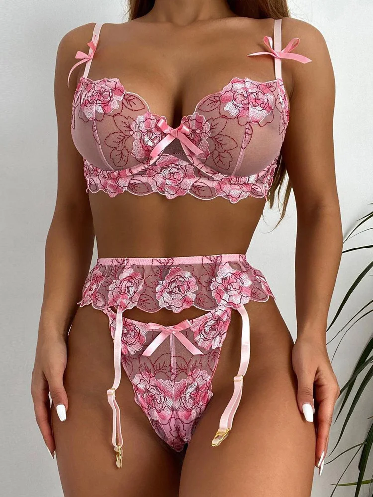 Нижнее белье сексуальный цветочный комплект женское чувственное нижнее из 3