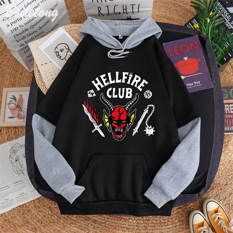 

Hellfire Club Hoodie Black Gray Patchwork Sleeve Stranger Things Print Sweatshirt Men and Women Oversized Pullover Casual Fleece