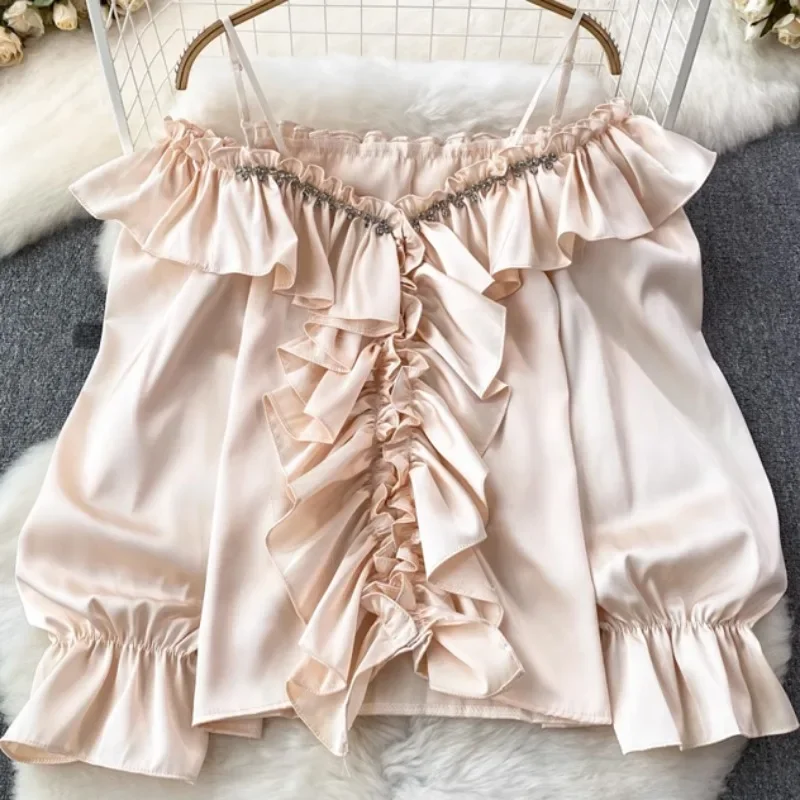

Korean Design Diamond Blouse Satin Shirt Casual Fashion Women's Tops Ruffle Off Shoulder Top Clothes New Elegant Blusas 29921