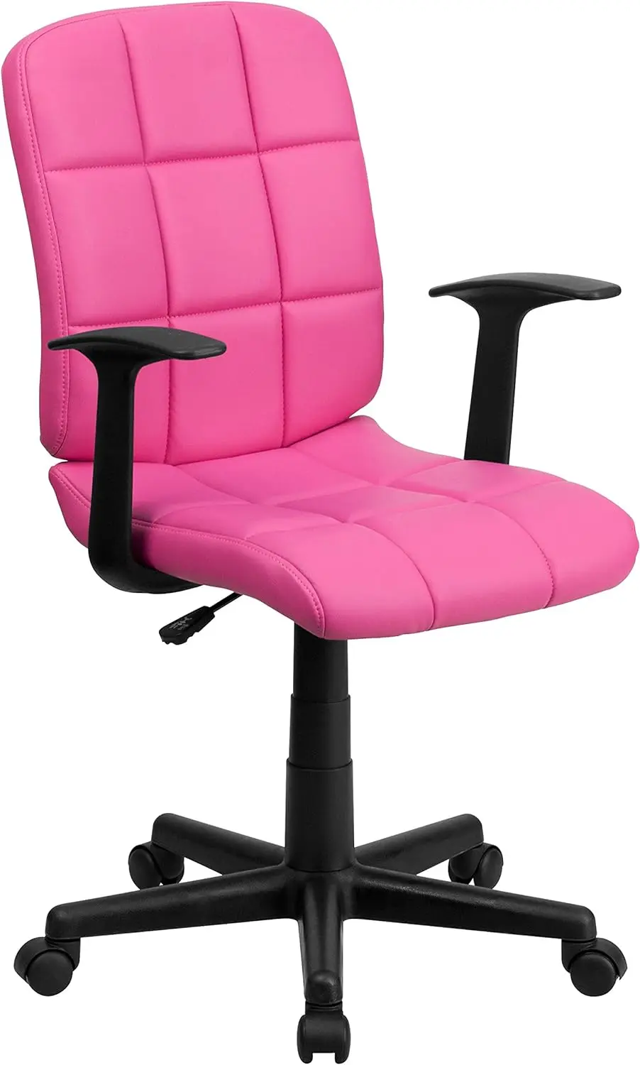 

Розовое стеганое виниловое поворотное офисное кресло со средней спинкой и подлокотниками