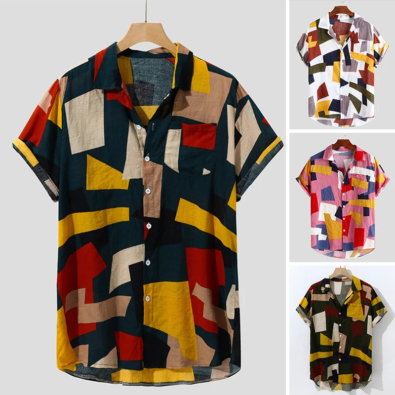 

2021 New Cotton Men's Shirt Ethnic Print Vintage Short Sleeve Streetwear Tops Tess Loose Male Beachwear Holiday Hawaiian Shirts