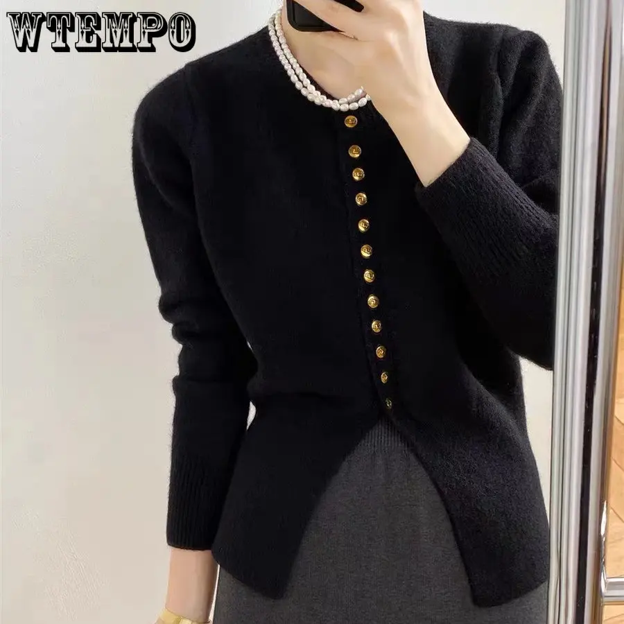 

Изысканный вязаный кардиган WTEMPO на пуговицах, Женский облегающий свитер, осенне-зимний небольшой очаровательный топ, модное пальто в Корей...
