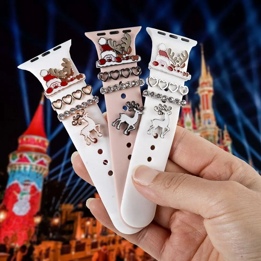 

4PCS Christmas Metal Charms For Apple Watch Band Santa Elk Diamond Strap Decorative Ring For iwatch Bracelet Silicone Accessory