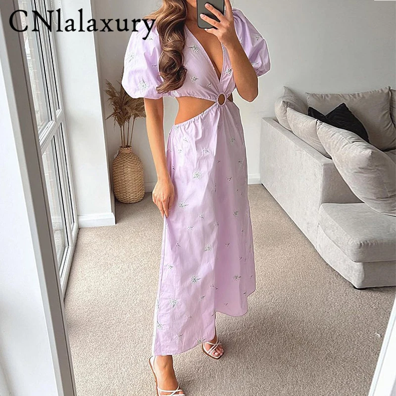 

CNlalaxury Vintage Korea Embroidery Chic Feminine Vestidos Sexy Robe Dress Women Elegant Puff Sleeve Purple Flower Maxi Dresses