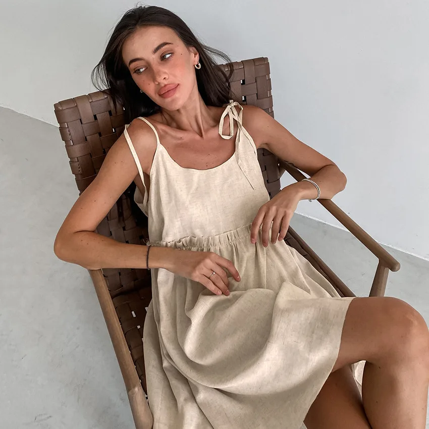 

Women Cotton Linen Mini Dress 2023 Summer Elegant Spaghetti Strap A-Line Loose Dress Female Fashion Ruched Lace-Up Boho Dresses