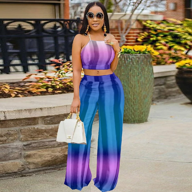 

Two Pieces Set Women Summer Gradient Navel Sexy Crop Top Wide Leg Pants Sets Y2k Clothes Vacation Outfits Streetwear Wholesale