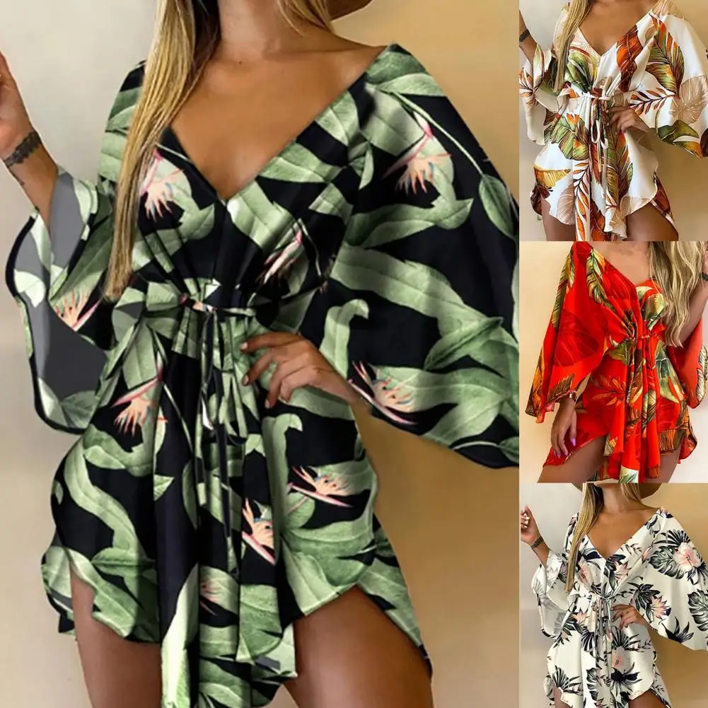 

Attractive Vacation Dress Asymmetrical Hem Short Casual Tropical Print Beach Dress