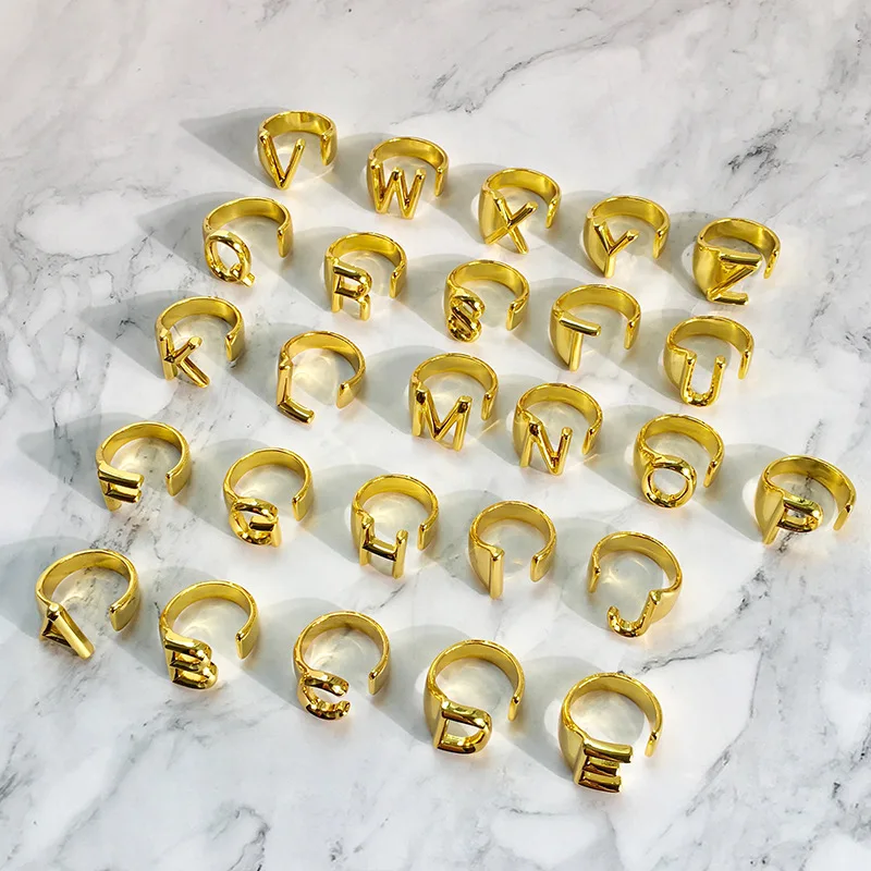 

Fashion Ring Brass Real Gold Plated Surname Name 26 English Capital Letters Glossy Open Adjustable Ring Ring