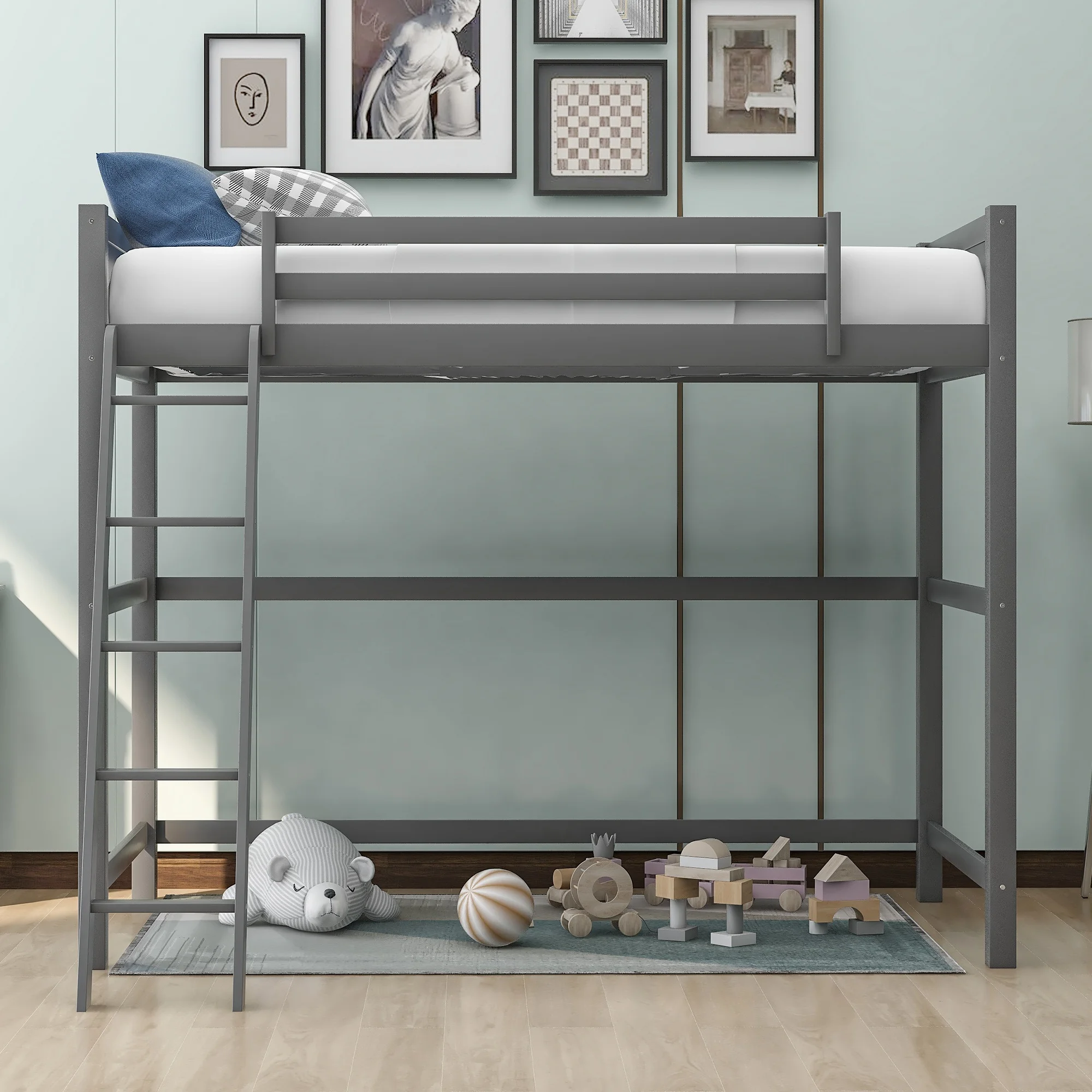 

Односпальная кровать из массива дерева с лестницей серого цвета