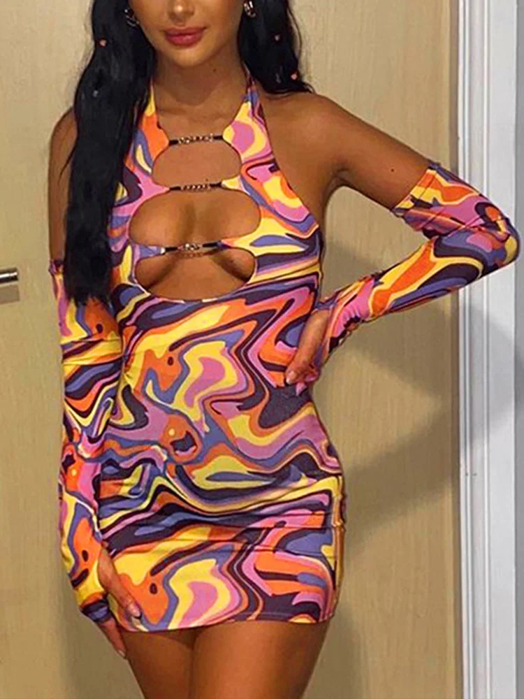 

Sexy Printed Halter Hollow Out Bodycon Mini Dress Women Backless Stretchy Dresses 2022 Summer Party Sleeveless Y2K Club Outfits