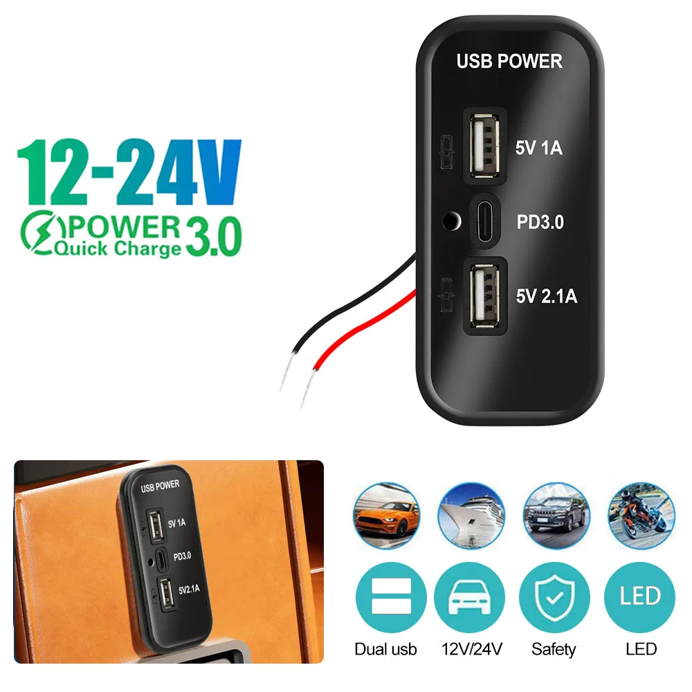 

35.5W 3 Port PD Type-C 2.1A 1A Dual USB Car Charger Socket for Motorcycle Auto Truck ATV Boat RV Bus Power Adapter Outlet 12/24V