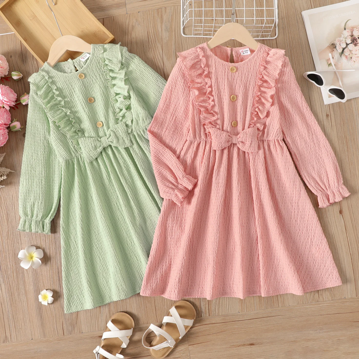 

PatPat Kid Girl Ruffled Bowknot Design Textured Solid Color Long-sleeve Dress