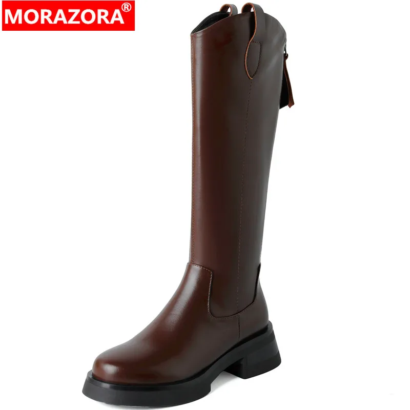 

MORAZORA 2022 New Arrive Square Med Heels Platform Shoes Zipper Winter Knee High Boots Genuine Leather Modern Women Boots