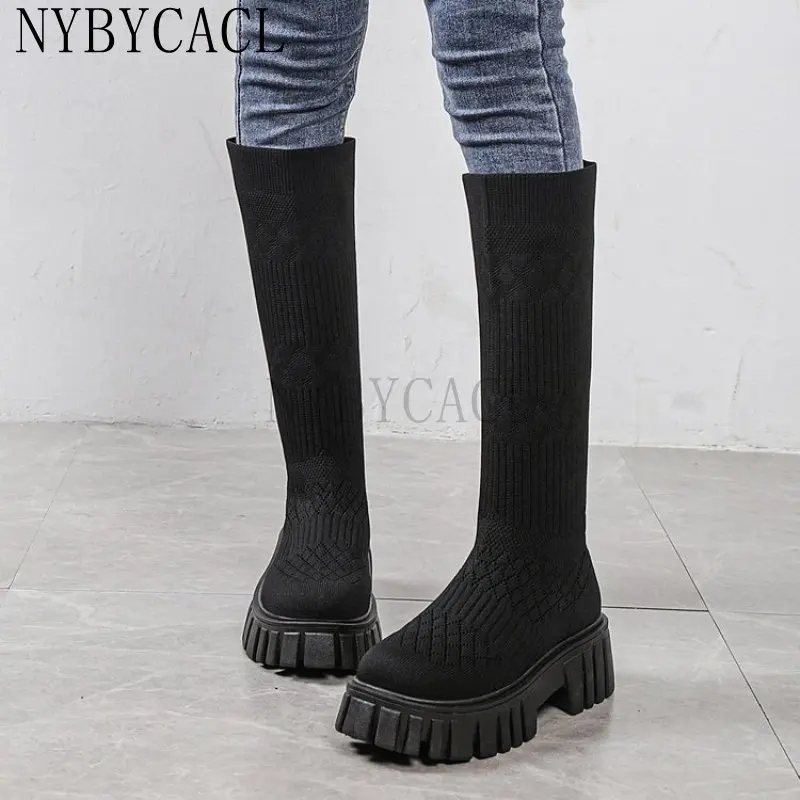 Sexy Women Knee-high Platform Boots Autumn Winter Slip-on Stretch Long Modern Boots Female All-match High-top Elastic Shoes New