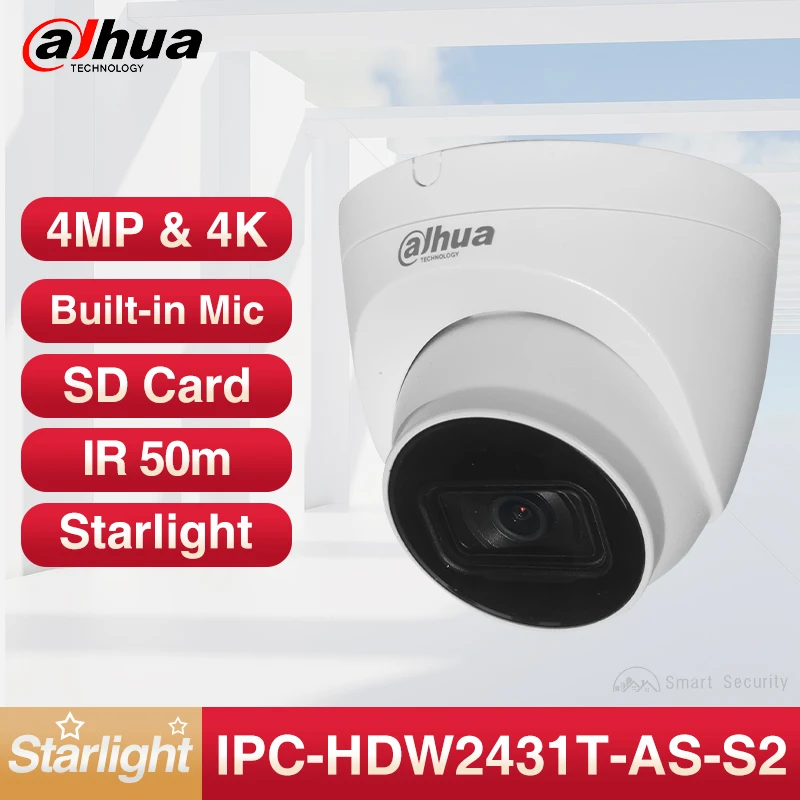Dahua 4MP 4K Smart Home Outdoor IP Camera 8MP Microphone CCTV Night Vision 30m SD Card PoE Starlight Security IPC-HDW2431T-AS-S2