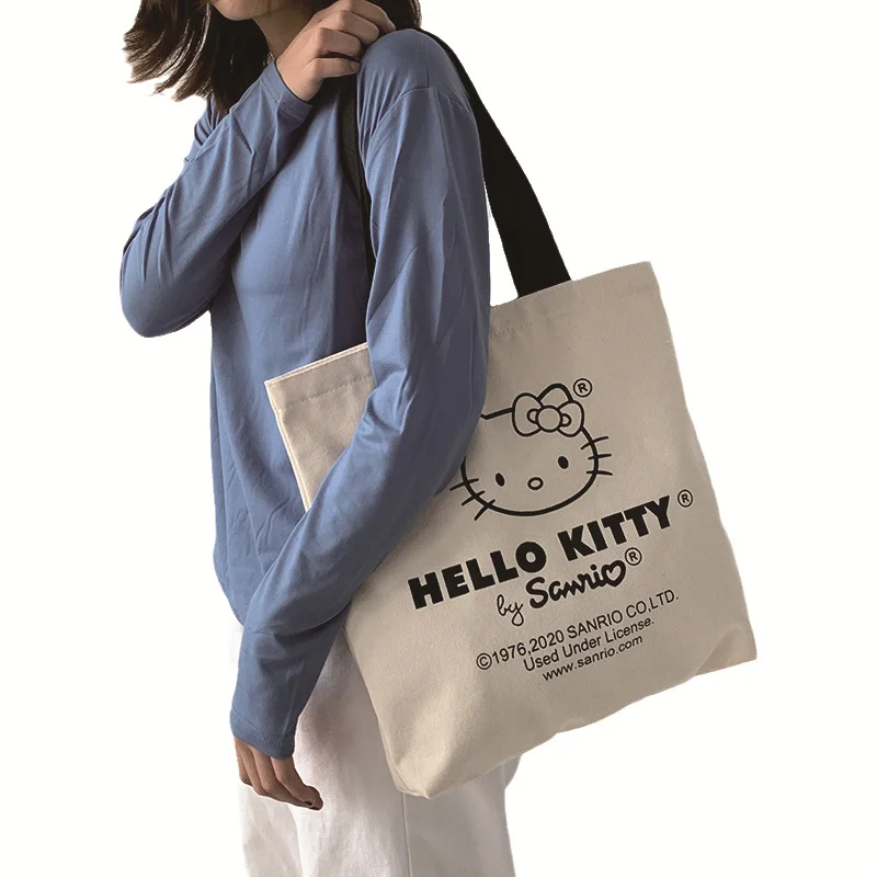 

38Cm Sanrio Hello Kitty Ms. Cartoon Retro One-Shoulder Canvas Bag Wild Hand-Printed Student Tutoring Textbook Zipper Schoolbag