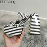 fxycmmcq 2022 summer new thick soled sponge cake black and white striped chunky heel sandals banquet womens shoes wj402