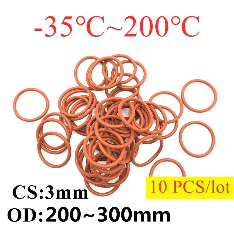 

10pcs VMQ Silicone O Ring Thickness 3mm OD 200mm~300mm Food Grade Waterproof Washer Rubber Insulated O Shape Red Sealing Gaskets