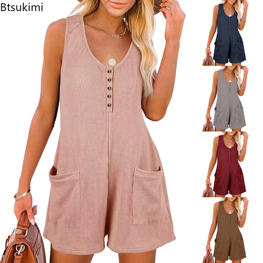 

New 2023 Women's Summer Casual Playsuits Pocket V Neck Button Sleeveless Tank Wide Leg Romper Jumpsuits Female Overalls Outfits