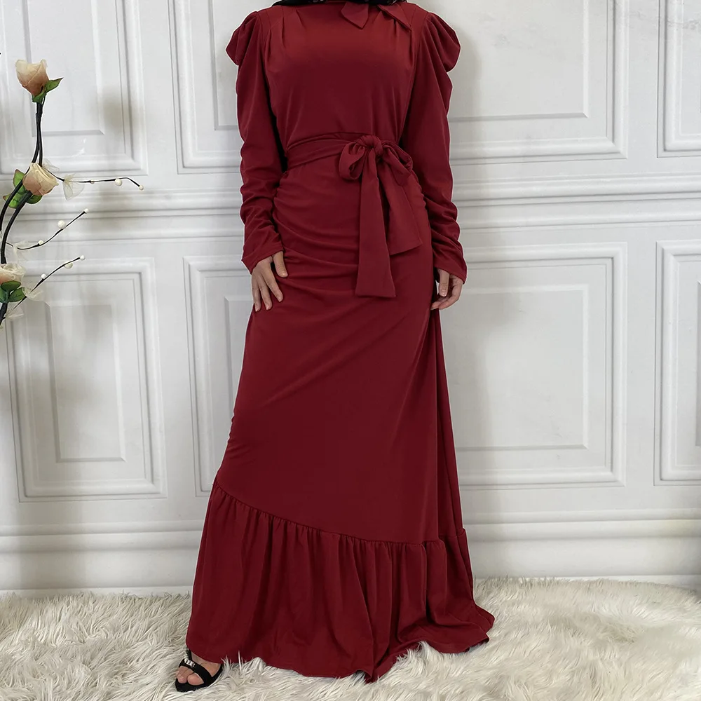 

Muslim Woman's Dress Middle East Muslim Fashion Women's Pleated Long Dress Irregular Hem Dubai Abaya Muslim Dress Belt Donsignet