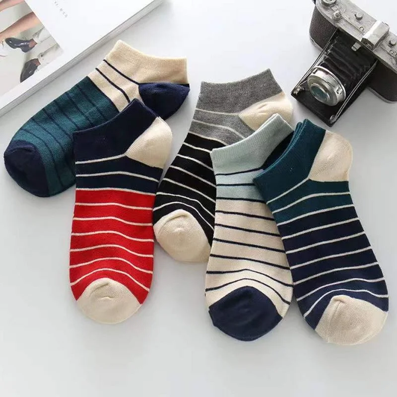 5 Pairs Men Novelty Funny Casual Ankle Socks Breathable Absorb Sweat Invisible Boat Socks Soft Stripe Couples Sock Street Style