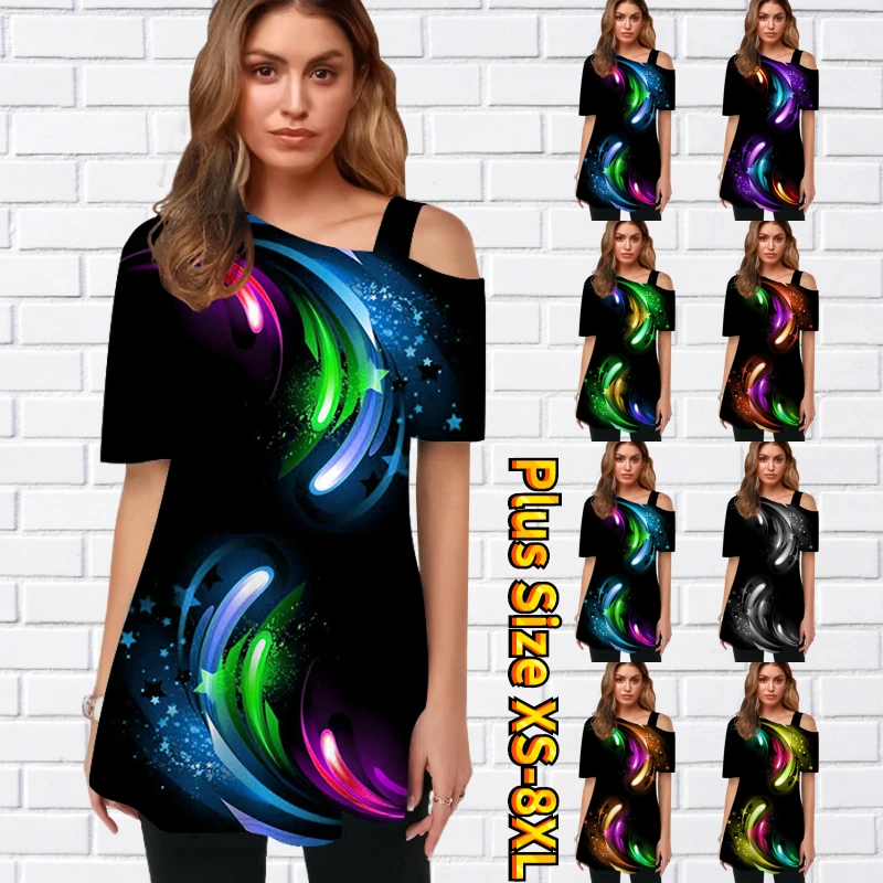 

Summer New Design Printed Top Casual Clothes Women's Off-shoulder Skew Collar Pullover Loose Short-sleeved Daily Fashion T-shirt