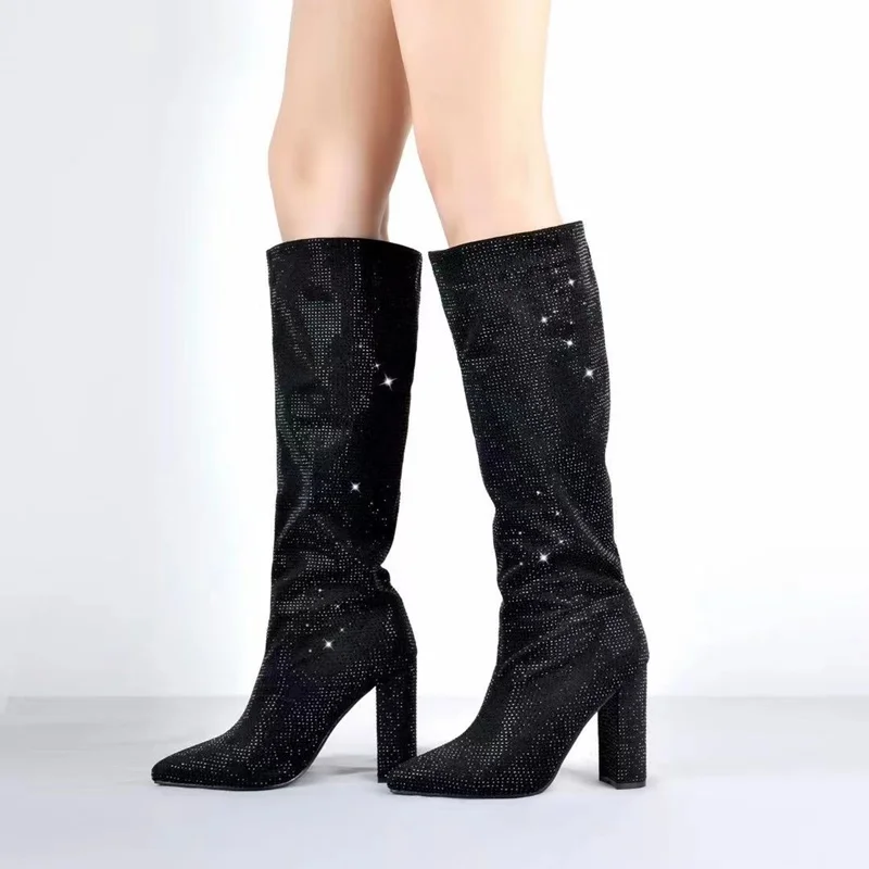 

shoes woman rhinestone high heel boots thick heel crystal knee high boots ladies slip on strass botas pointed toe bling heels