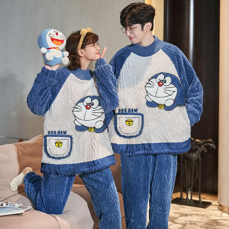 

Пижамный комплект Doraemon в стиле аниме, женская зимняя утепленная Пижама для пар, мягкая теплая Мужская одежда для сна, Пижама для женщин, для любителей мультяшных кошек