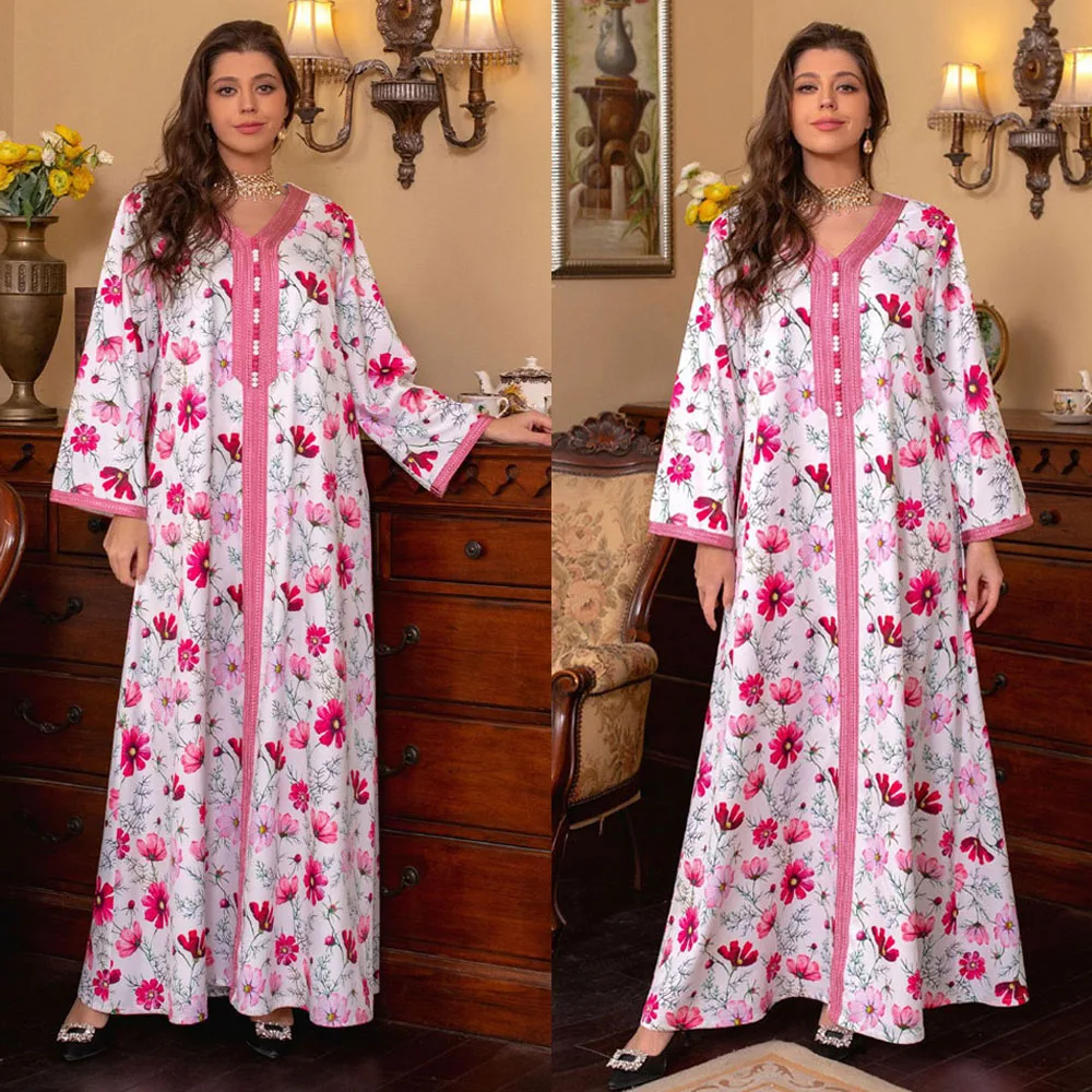 

Длинные платья с этническим цветочным принтом, мусульманское модное платье с V-образным вырезом и кружевной лентой, ИД Мубарак, скромная одежда, абайя для женщин, Рамадан