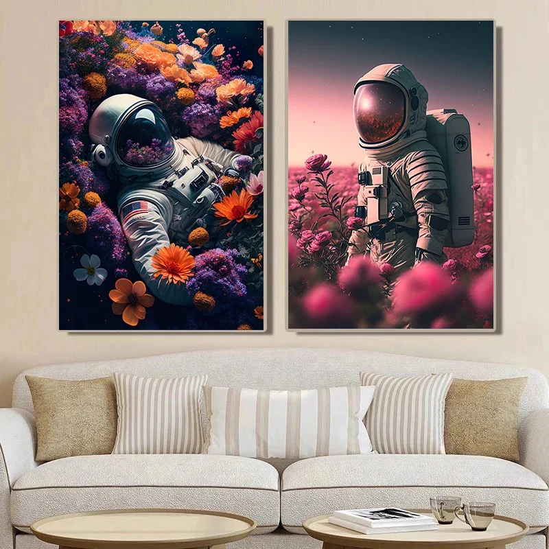Astronaut in Flower Sea Spacewalk Canvas Poster Trippy Abstract Wall Picture for Living Room Bedroom Playroom Modern Home Decor