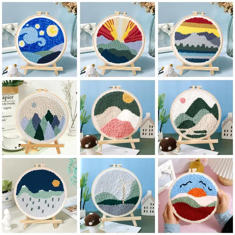 

CHENISTORY DIY Punch Needle Kit Abstract Mountain Landscape Unique Gift Diy With Yarn For Beginners Poking Embroidery Kill Time