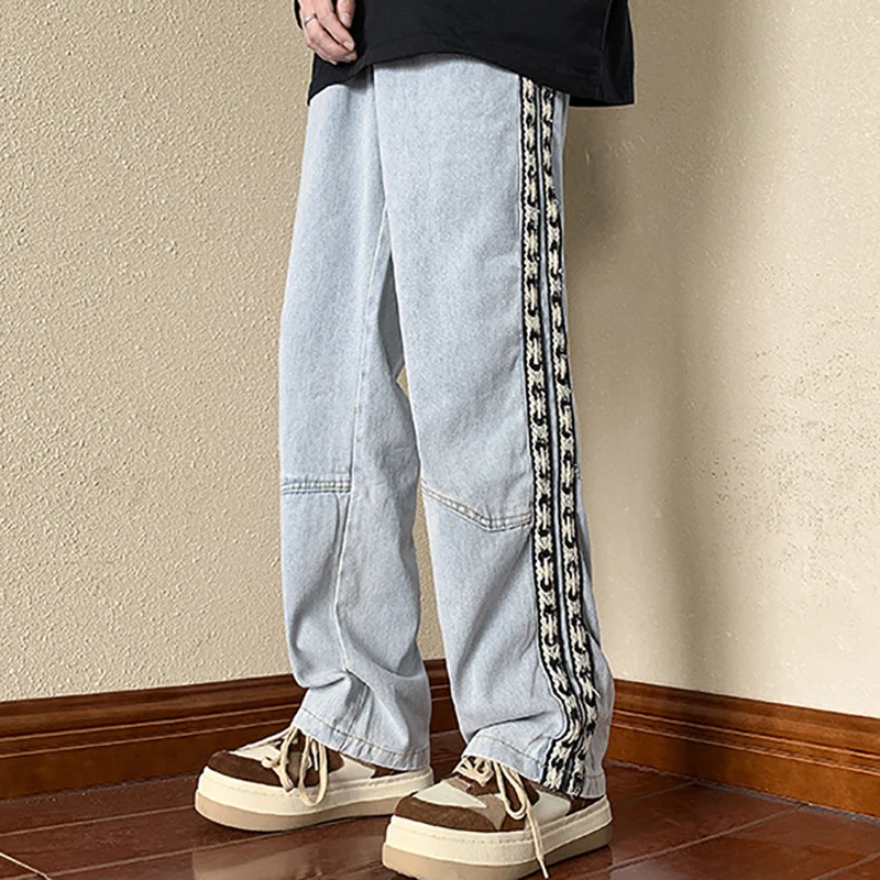 DEEPTOWN Classic Straight Jeans Men Streetwear Denim Striped Pants Hip Hop Black Blue Fashion Trousers Male Loose Casual Spring