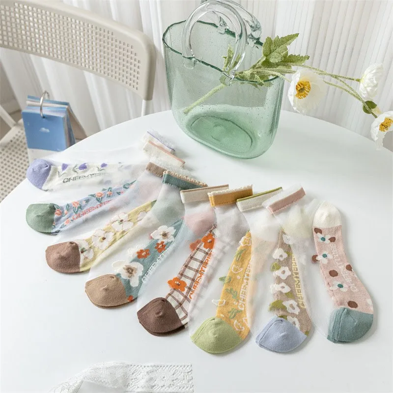 Носки женские летние дышащие шелковые, крутые удобные дышащие хлопковые с вышитыми цветами, с кристаллами, G113