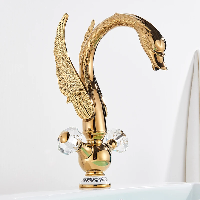 

Luxury Golden Basin Faucet Golden Swan Shape Bathroom Faucet Soild Brass Deck Mount Hot Cold Water Dual handle Mixer Tap